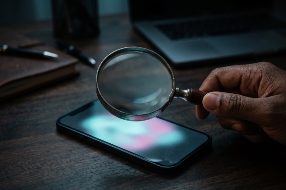 Inspecting an app listing through a magnifying glass