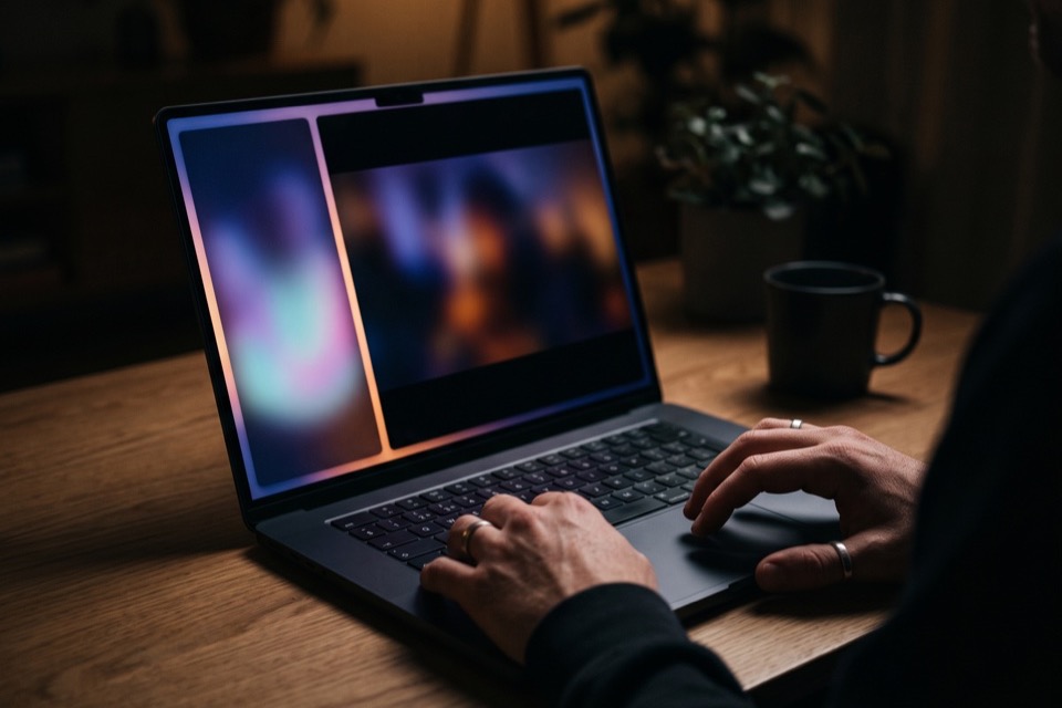 A browser side panel next to a video feed on a laptop