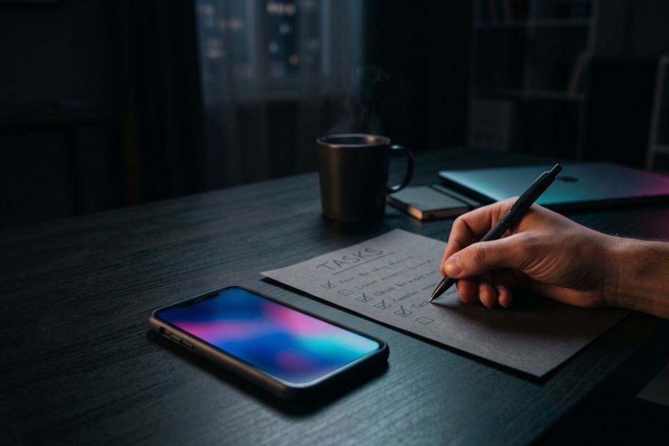 Ticking items on a checklist beside a phone