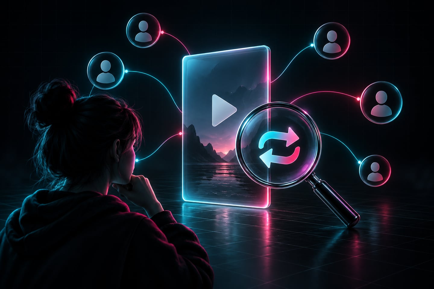 Conceptual illustration of a video connected to viewer profiles, with a magnifying glass over repost arrows