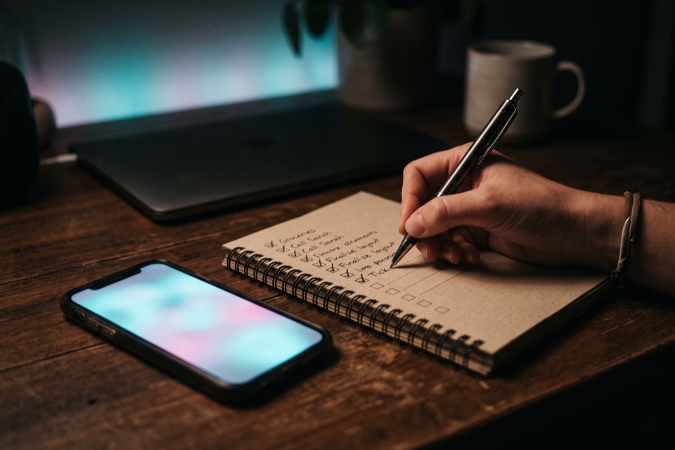 A checklist beside a phone on a desk