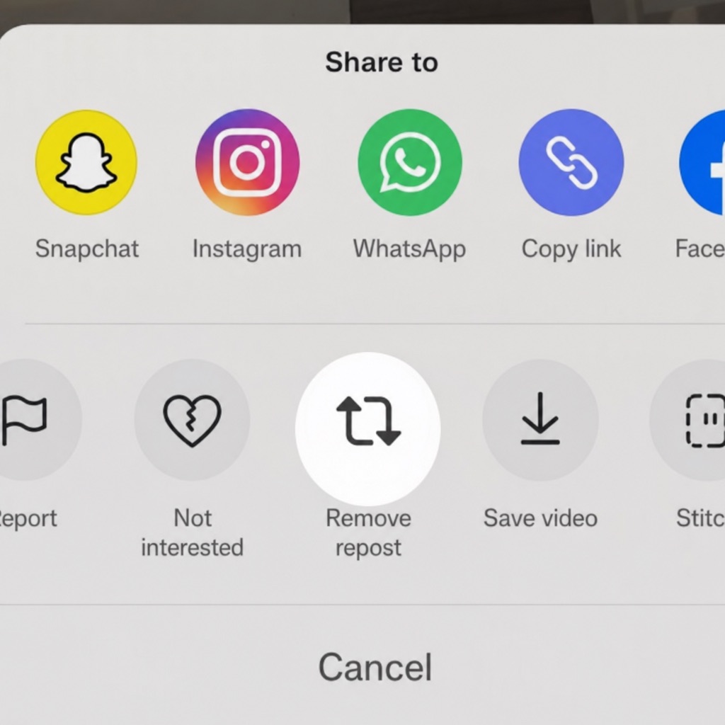 Close-up of the TikTok share menu with the Remove repost option