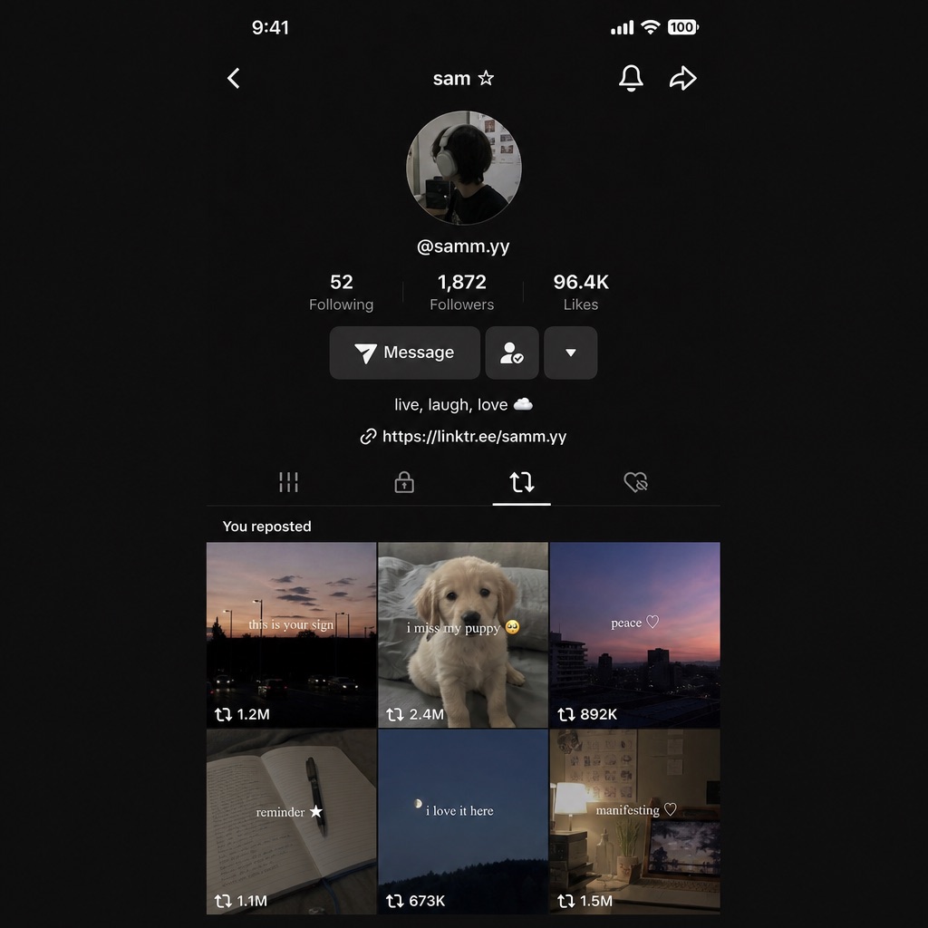 TikTok profile screen with the Reposts tab selected, showing a grid of reposted videos