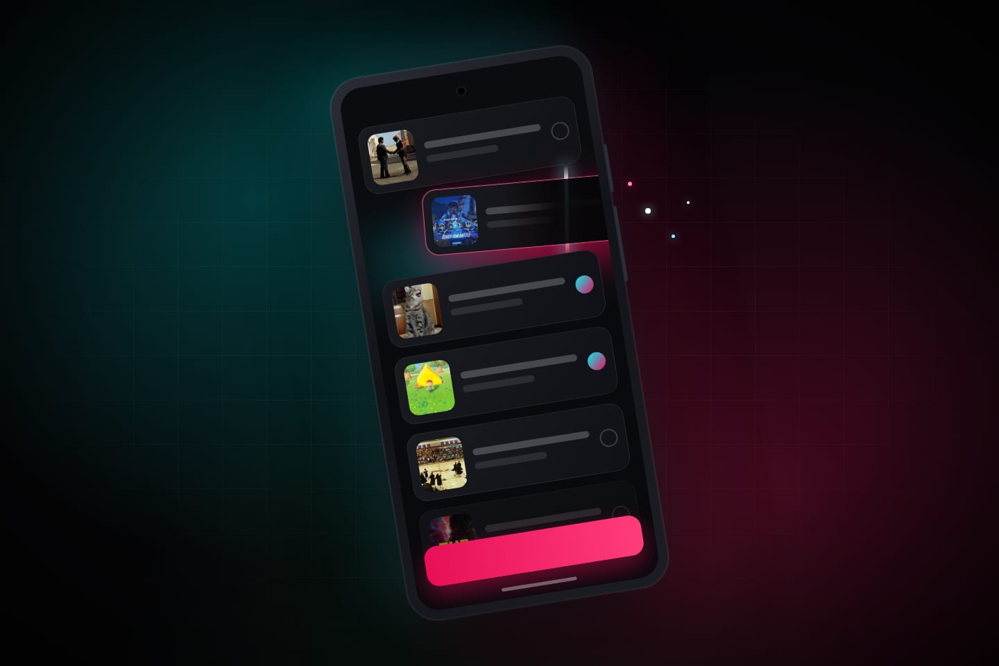 An Android phone with a stack of video cards, one being wiped away