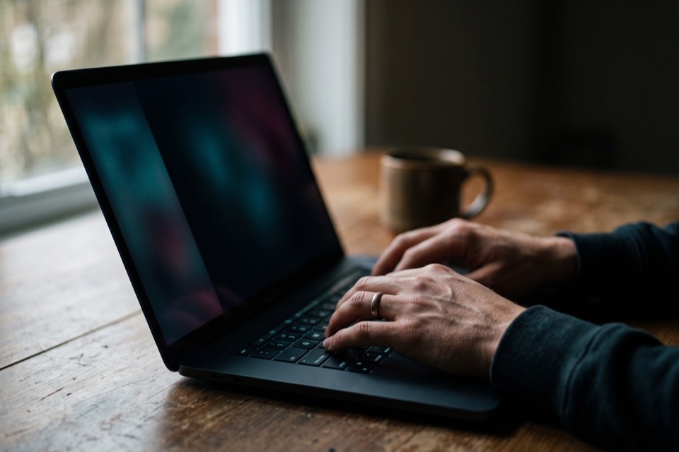 Hands on a laptop with a browser side panel open