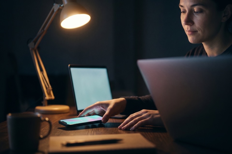 Setting a phone down on a desk under a lamp