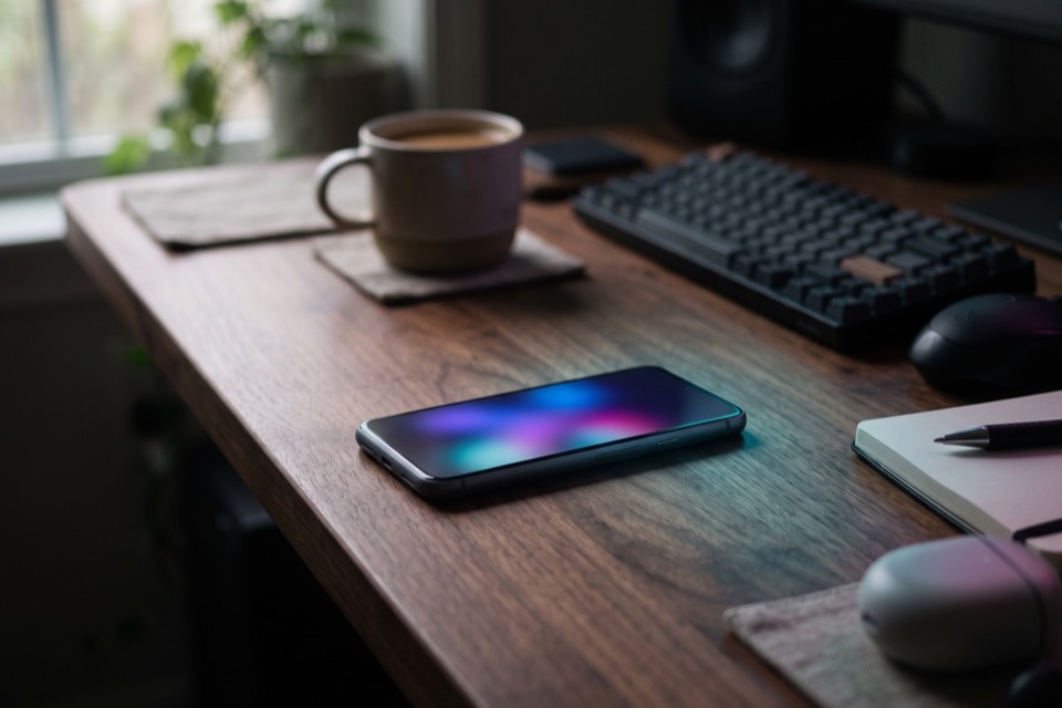 A tidy phone on a clean desk in the morning