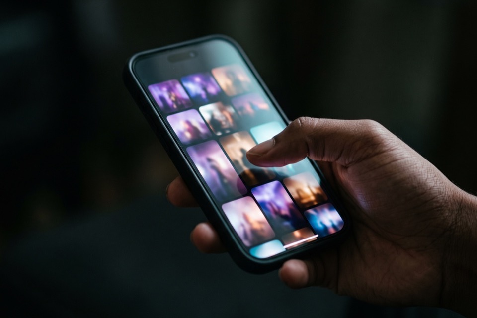 A hand scrolling a grid of previously watched videos on a phone
