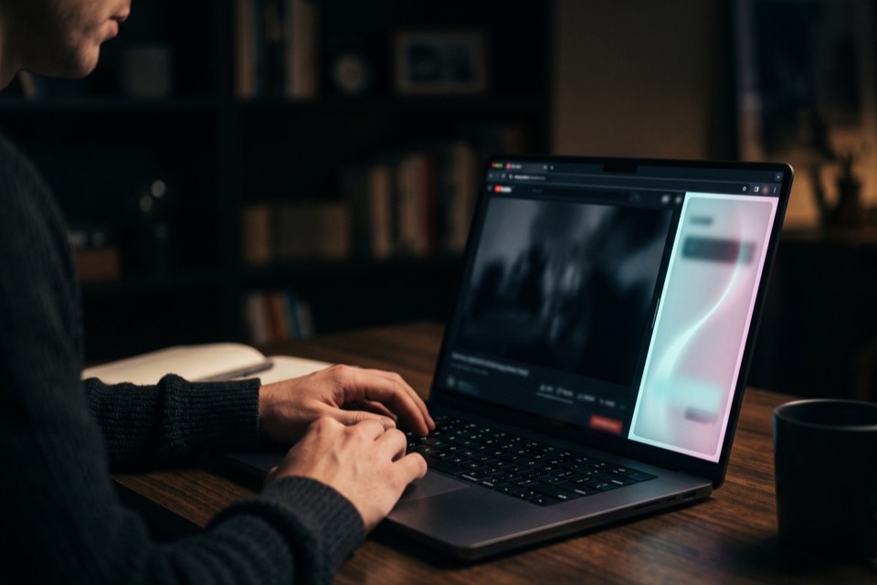 A browser side panel scanning a feed on a laptop