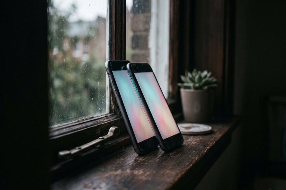 Two phones leaning together on a windowsill